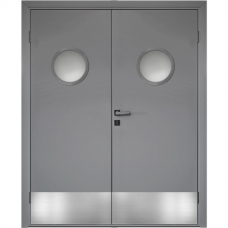 Влагостойкая дверь ПВХ Etadoor ДГ Серый RAL 7001 двустворчатая с двумя иллюминаторами и отбойными пластинами
