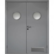 Влагостойкая дверь ПВХ Etadoor ДГ Серый RAL 7001 двустворчатая с двумя иллюминаторами и вентиляционной решеткой