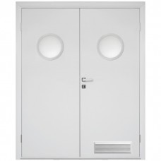 Влагостойкая дверь ПВХ Etadoor ДГ Белый двустворчатая с AL торцами с двумя иллюминаторами и вентиляционной решеткой