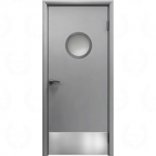 Влагостойкая дверь ПВХ Etadoor ДГ Серый RAL 7001 с AL торцами с иллюминатором и отбойной пластиной
